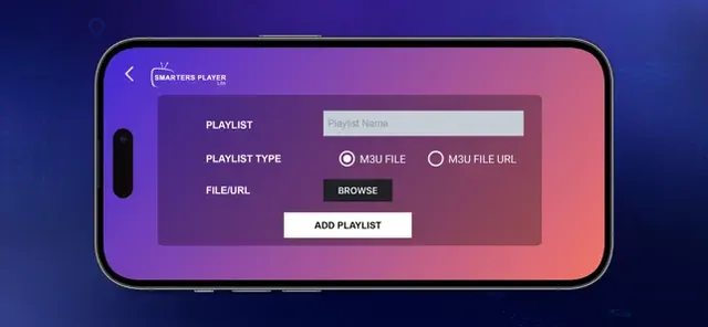Smarters Player Lite med fälten Playlist, Playlist Type och M3U File URL.