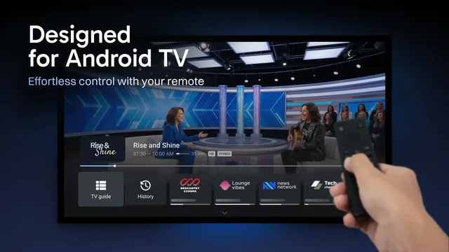 Demo TiviMate på Android TV med TV-guideknapp.