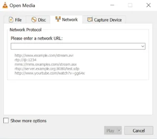 VLC desktop 3.0: Öppna Media-fönstret med fliken Nätverk och adressfält.