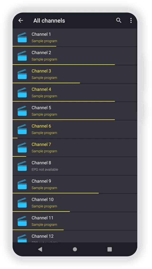 Lista över demokanaler och scheman i Televizo-applikationen.