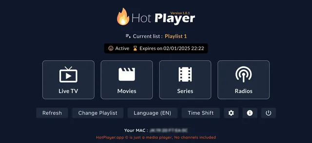Hemskärmen för HOT Player med direkt, filmer och serier.