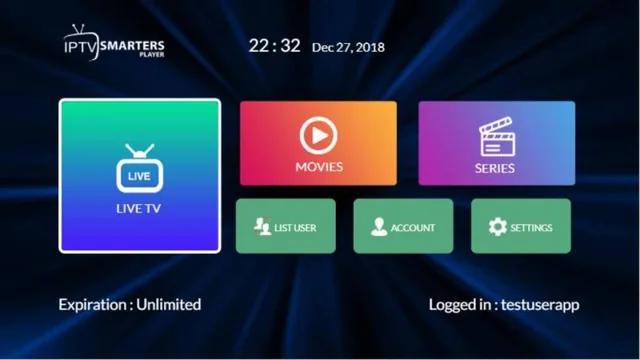IPTV Smarters hemskärm på en tv med direkt, filmer och serier.