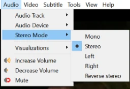 Ljudmeny för VLC desktop 3.0 med stereolägen.